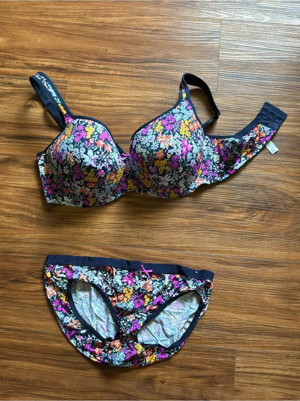 Cacique Navy Floral Bra & Brief Set with Pink, Yellow & White Flowers